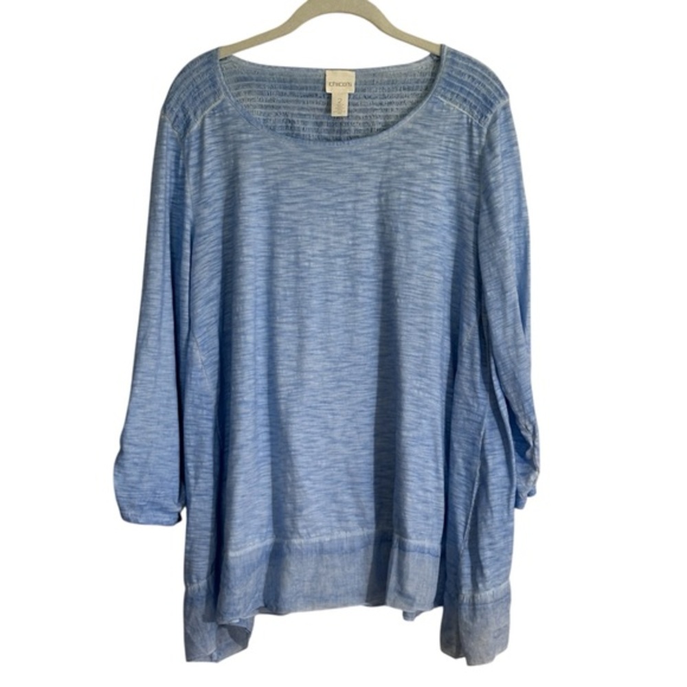 Chico's Textured Slub Knit Tunic Top L Womens 2 Blue‎ Smocked Long Sleeve Casual